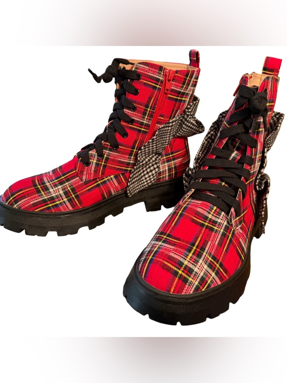 Betsey Johnson NWT Sz 9 Rozy Red Plaid Combat Boots Houndstooth Accent (SH327) - Picture 4 of 12